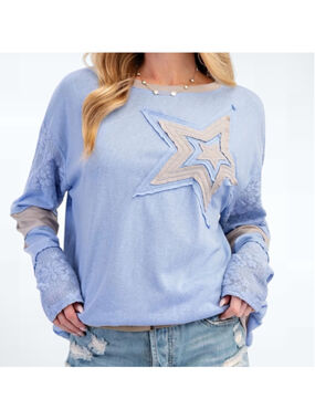 Easel Star Patch Mix Match Cotton Slub Knit Pullover in Light Blue Size S